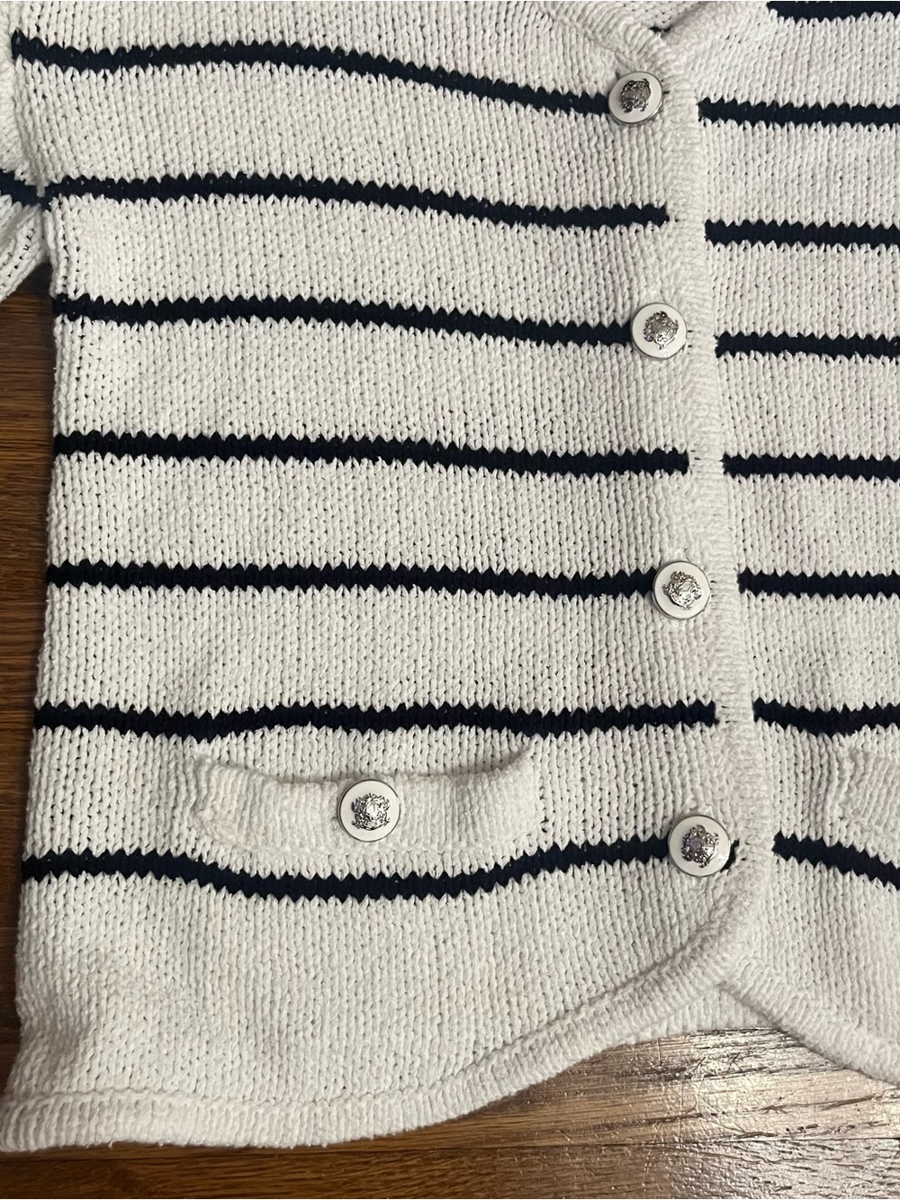 Old Money coastal nautical cardigan summer sweater M white navy stripe preppy - Picture 2 of 8